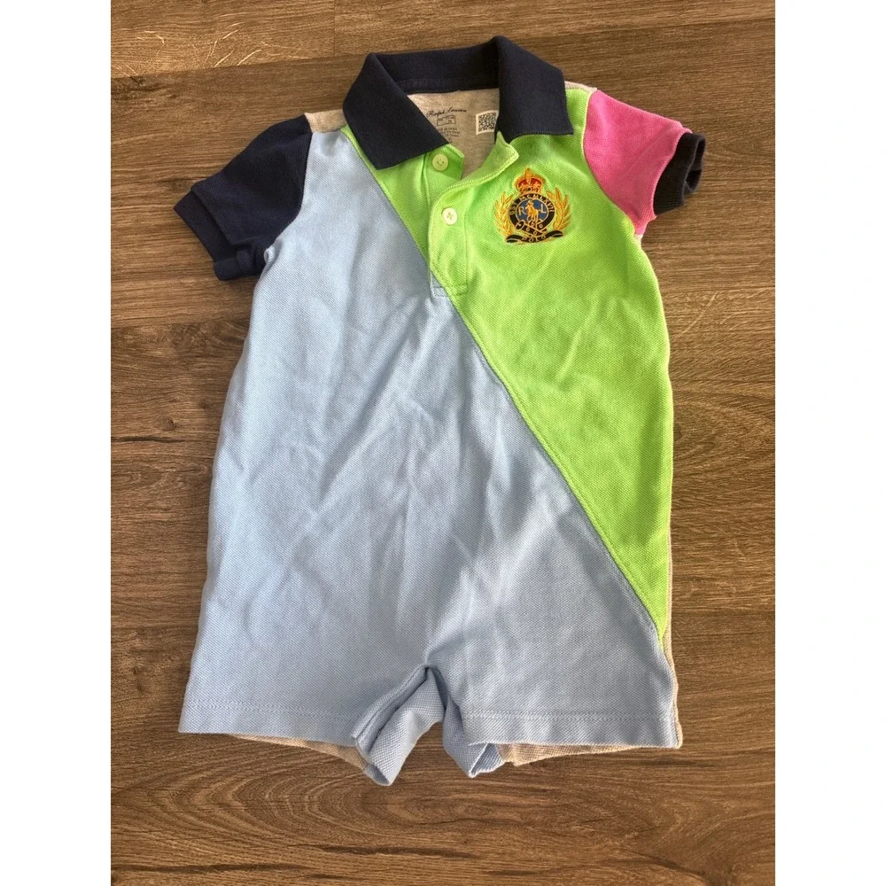 Ralph Lauren Baby Boy Colorblock Crest Polo Romper 9M Multi‎ Color Short Sleeve